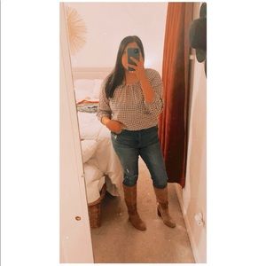 Chaps Checkered Shirt Country Style Cowgirl Keyhole Neck Black White Rodeo